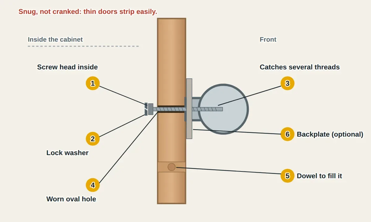 Side cutaway of a cabinet door with a knob on the front: a machine screw passes through a hole in the door from the inside and threads into the back of the knob. Labels show the screw head on the inside, a lock washer under it, the screw length that must catch several threads without bottoming out, a hole worn oval in soft wood, a hardwood dowel glued in to repair a worn hole, and an optional backplate behind the knob.
