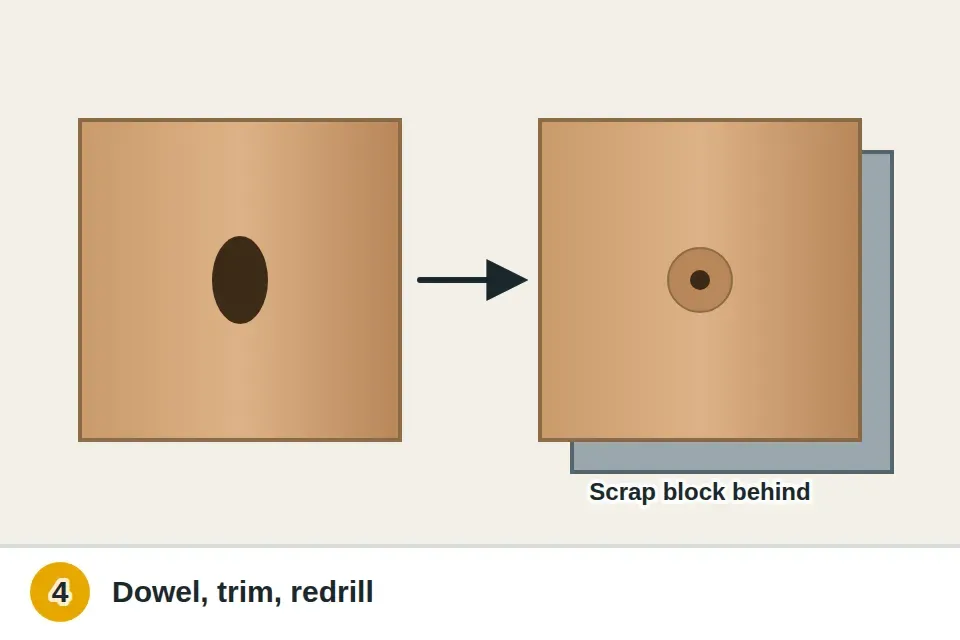 Worn oval hole in a cabinet door filled with a glued hardwood dowel, trimmed flush, and redrilled from the front with a scrap block clamped behind