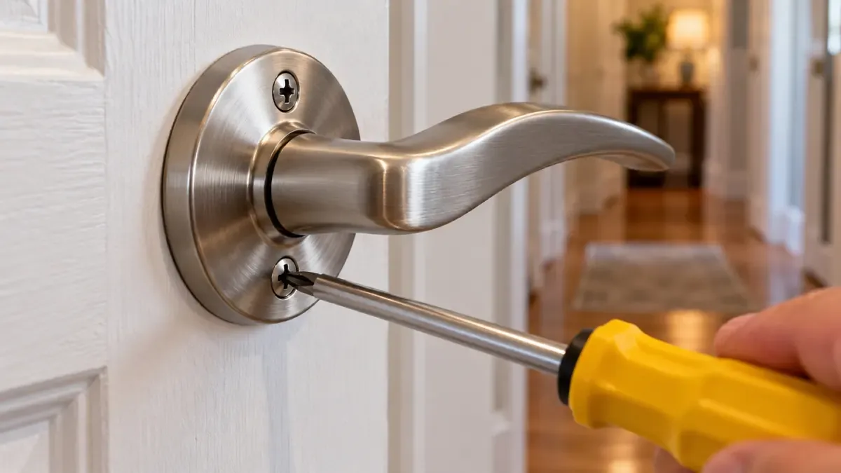 Phillips screwdriver tightening the lower screw on the base plate of a brushed nickel door lever