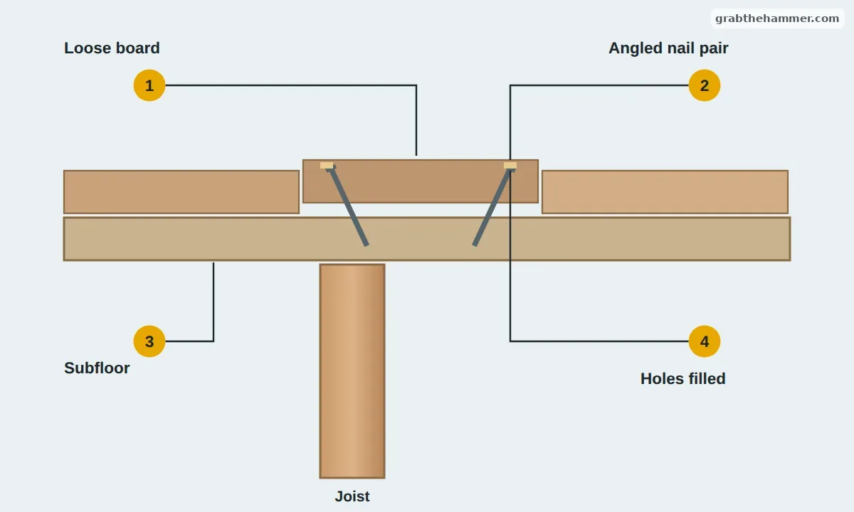 Cross-section of hardwood boards over a subfloor and joist, with a loose board pinned by two finishing nails angled toward each other and the holes filled
