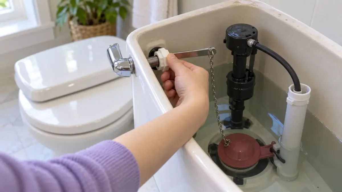 Tightening the mounting nut behind a toilet flush handle inside the open tank