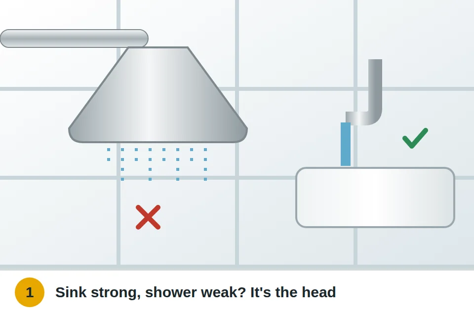 Bathroom sink running at full pressure beside a weak shower, showing the problem is the showerhead