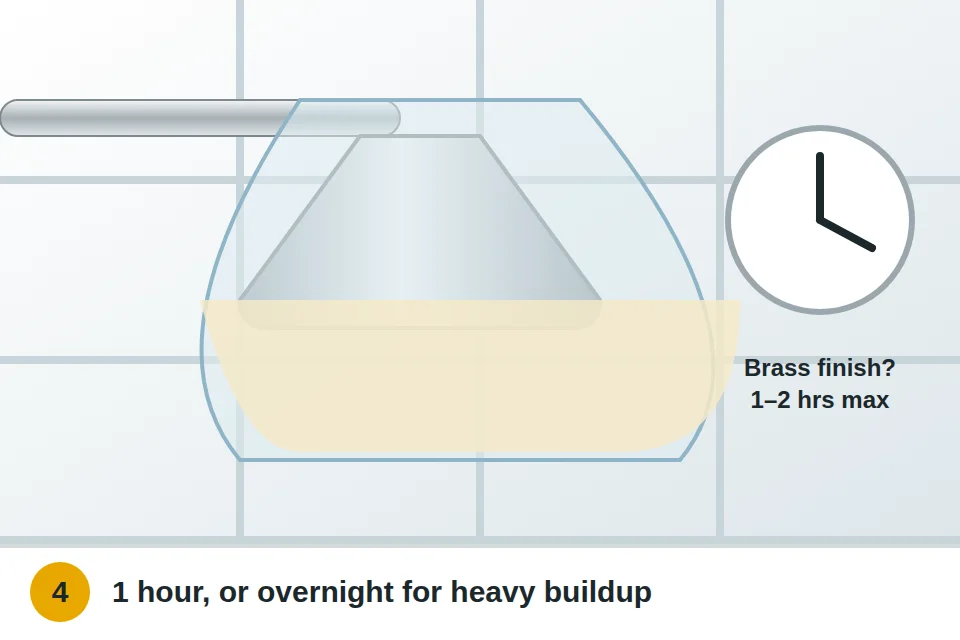 Showerhead soaking in the bag of vinegar with a clock showing one to eight hours