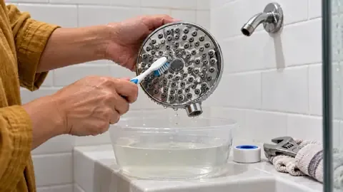 Hands scrubbing mineral buildup from the nozzles of a removed shower head with a toothbrush over a bowl of vinegar