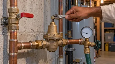 Adjusting a brass pressure reducing valve on the main water line with a gauge on a spigot