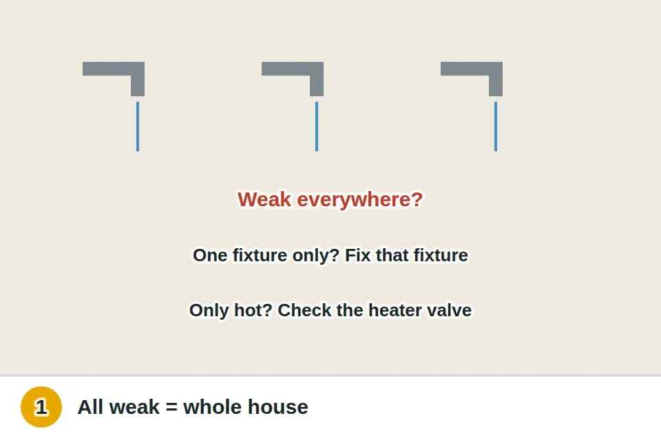 Several faucets and a shower on different floors all running weak, compared with a single weak shower head that would point to a fixture problem
