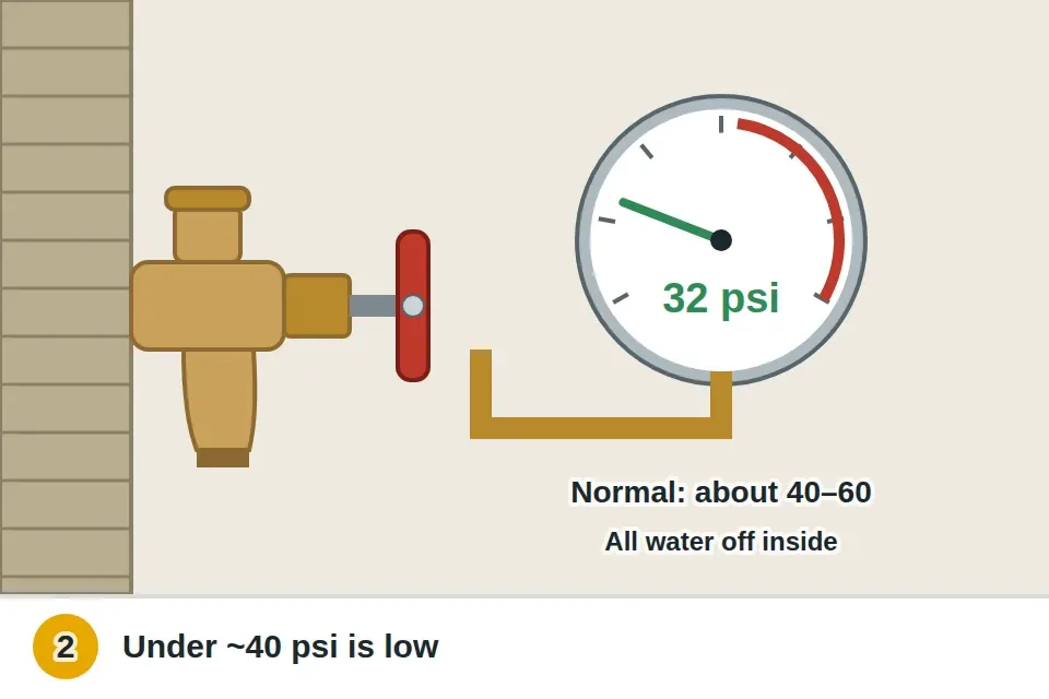 Pressure gauge threaded onto the outdoor faucet nearest the main line with all indoor water off, reading about 32 psi, below the common 40 to 60 psi range