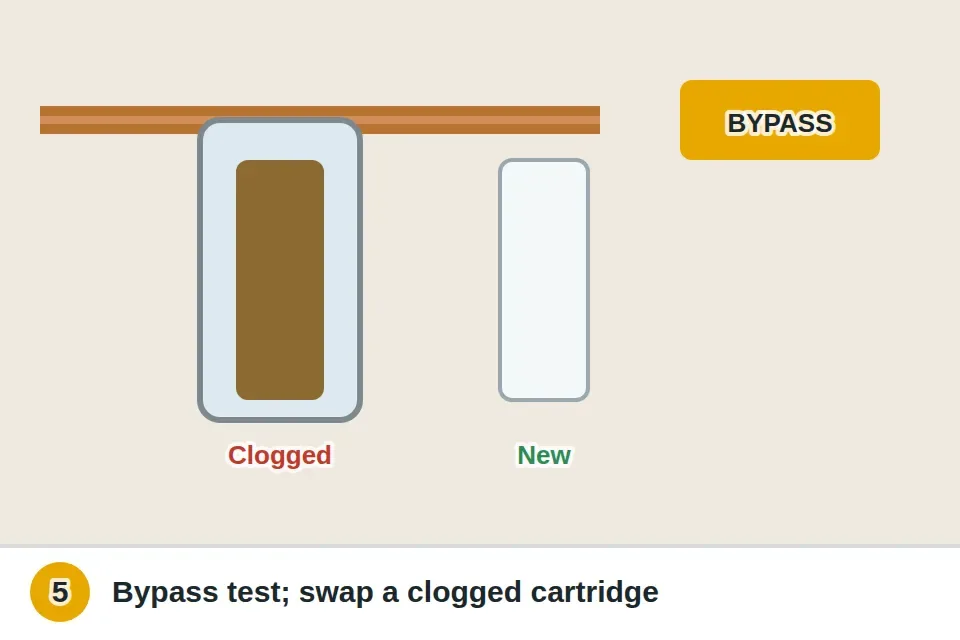 Whole-house filter housing on the main line turned to bypass to compare pressure, with a dirty brown cartridge replaced by a clean white one