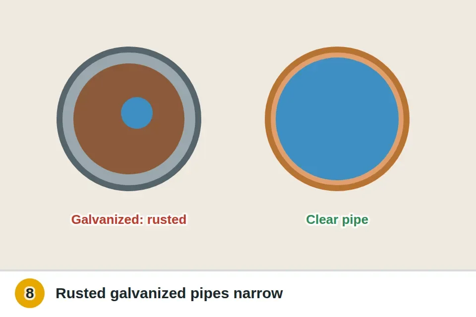 Cutaway of an old galvanized steel pipe nearly closed with rust inside compared with a clear copper pipe, and a note that pressure is worst upstairs
