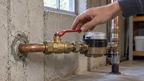 A hand on the red lever of a main water shutoff ball valve where the copper water line enters through a basement wall, next to the water meter