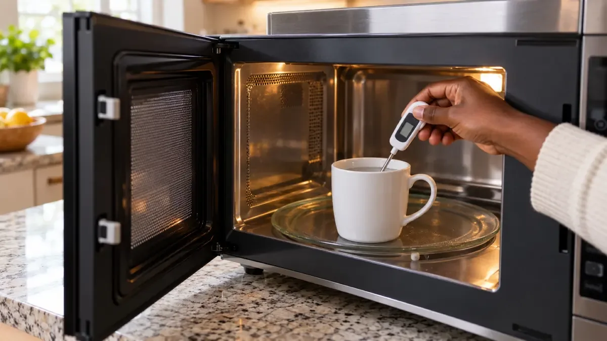 Checking a mug of water with a kitchen thermometer inside an open countertop microwave