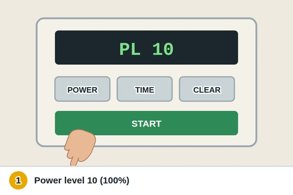 Microwave keypad with the power level set to 10, full power, and the timer running