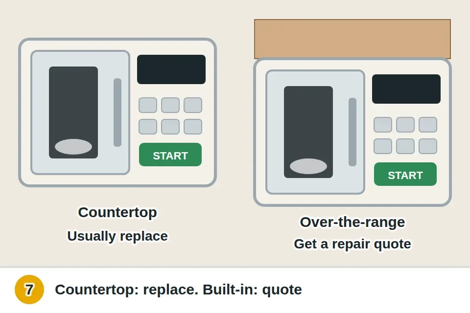 Countertop microwave that fails the water test marked as a replace choice, and an over-the-range microwave marked to price a repair