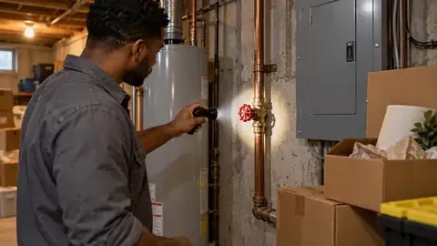 New homeowner shining a flashlight on the main water shutoff valve among moving boxes