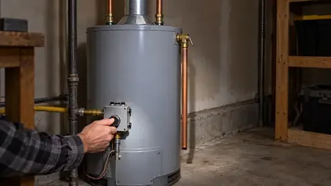 A hand turning the control knob on the gas valve of a tank water heater in a basement