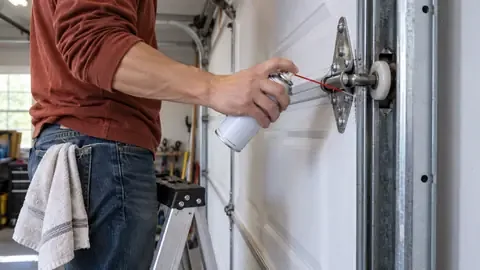 Spraying lubricant on the rollers and hinges of a garage door from a step ladder