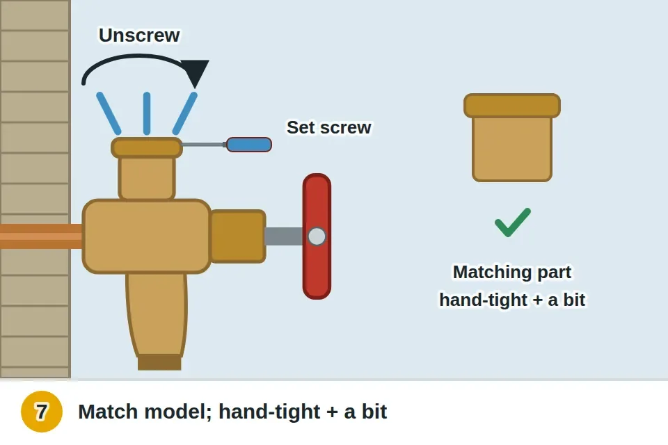 Vacuum breaker cap on top of the faucet spraying water, being unscrewed after a small set screw is removed, and a matching replacement installed hand-tight plus a little