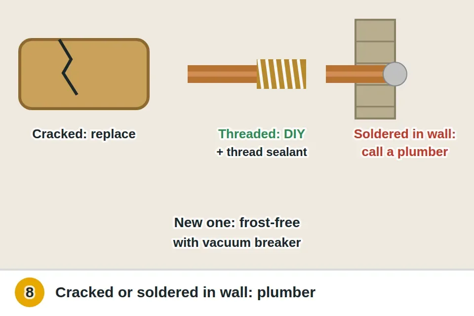 Cracked faucet body and a badly pitted seat marked for replacement, thread sealant on a threaded faucet as a DIY job, and a soldered connection inside a finished wall flagged for a plumber