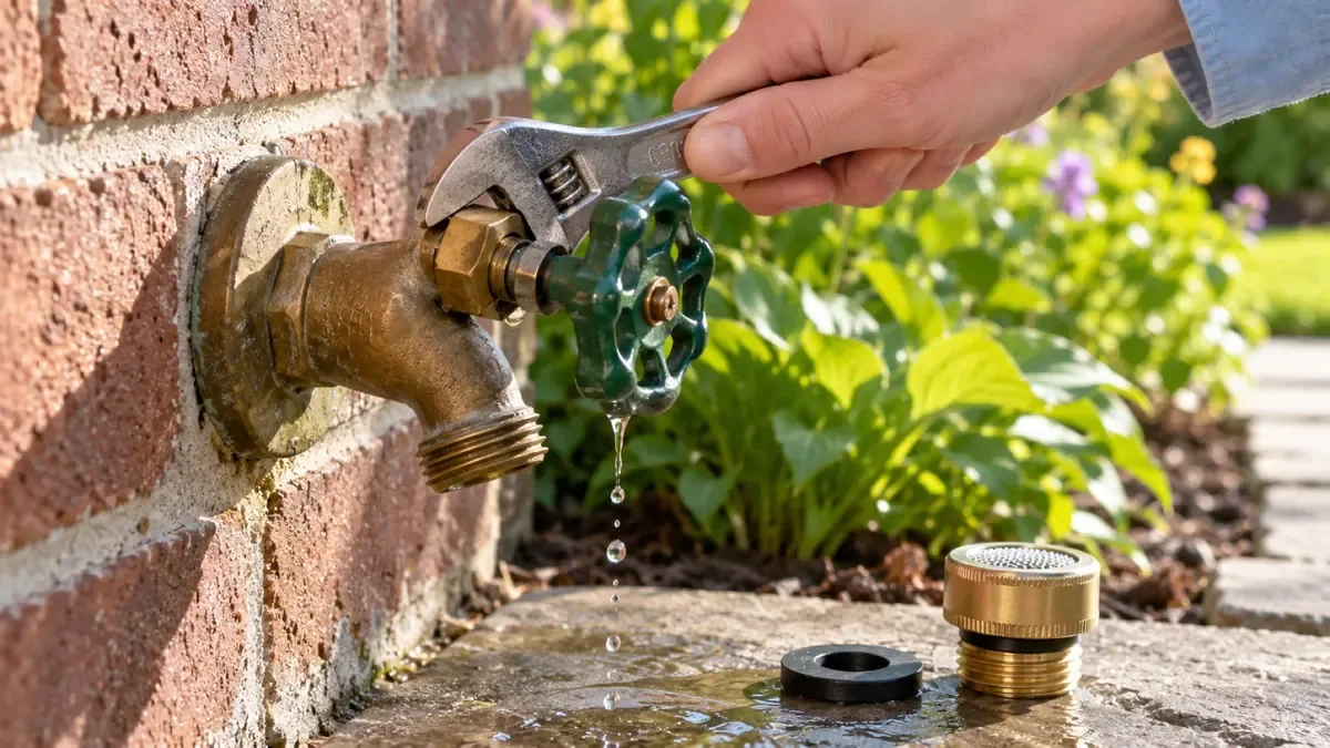 Snugging the packing nut on a dripping outdoor spigot with an adjustable wrench