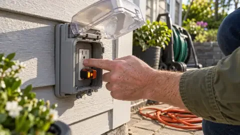Pressing reset on an outdoor GFCI outlet under an open weatherproof cover with a tester plugged in