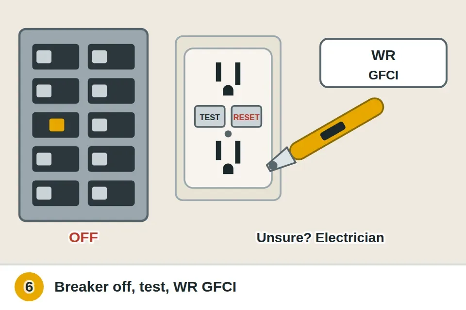 Breaker switched off and a voltage tester confirming the outlet is dead before a new weather-resistant GFCI goes in