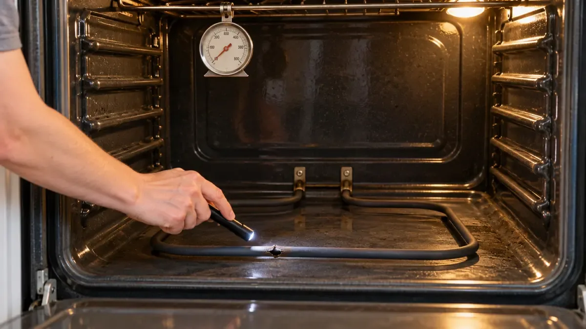 Pointing a small flashlight at a broken spot on an oven's bottom bake element