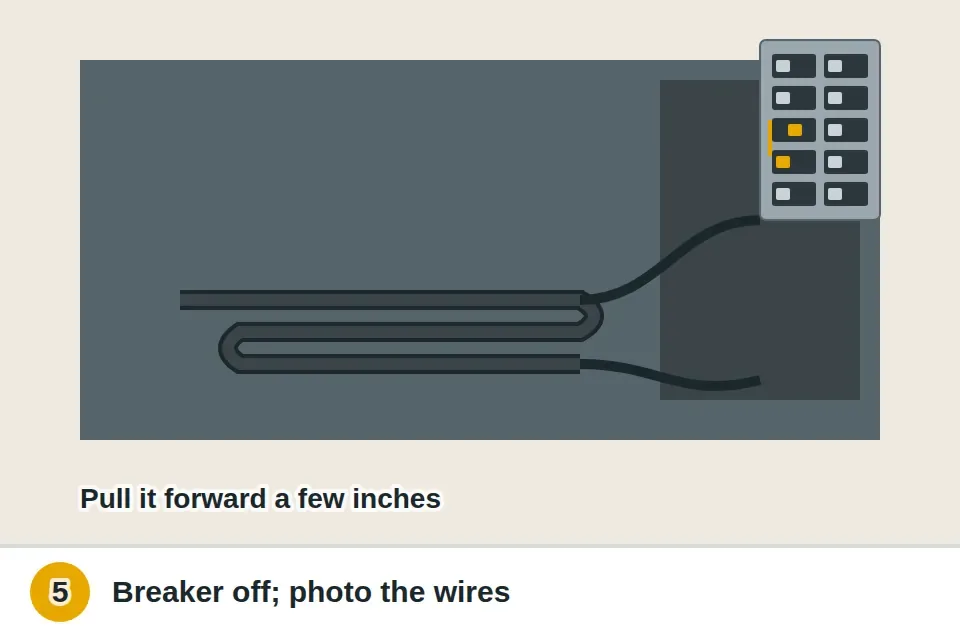 Bake element pulled forward from the oven's back wall with its two wires still attached, screws removed, and the breaker off