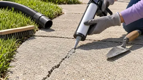 A gloved hand squeezing crack filler into a crack in a concrete walkway, with a trowel and wire brush beside it