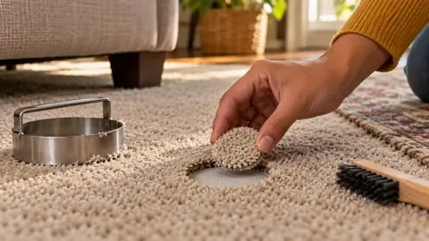 Setting a round replacement plug into a cut-out burn spot in beige carpet