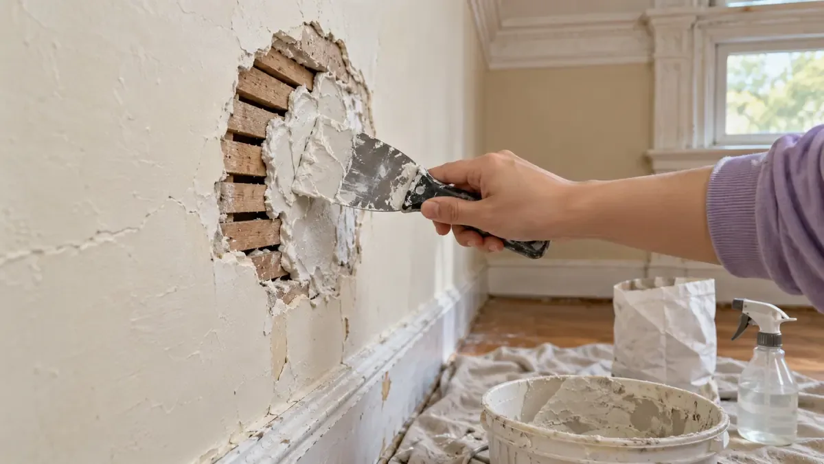 Pressing setting compound into a hole in a plaster wall over the wood lath