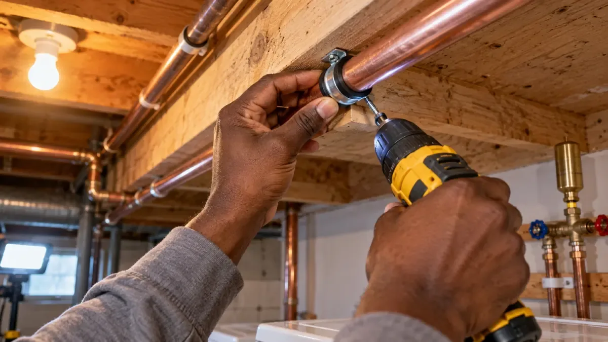 Screwing a pipe strap over a loose copper water line to a basement floor joist