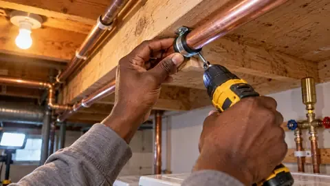 Screwing a pipe strap over a loose copper water line to a basement floor joist