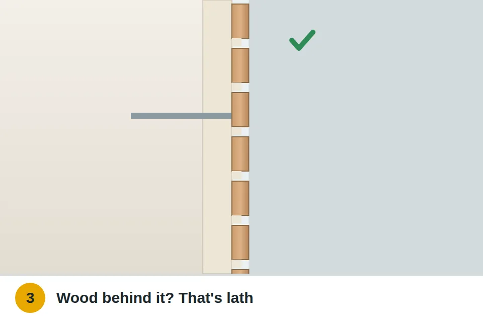 Cut-away showing the drill bit reaching a wooden lath strip behind the plaster