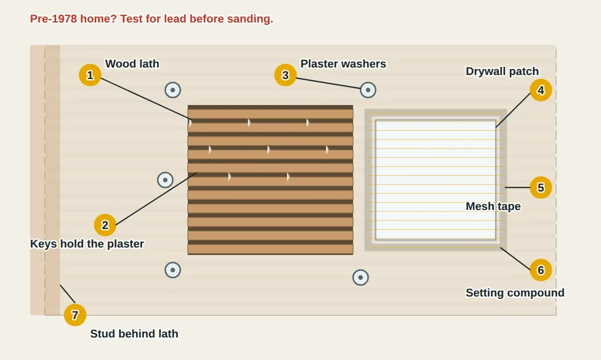 Cutaway of a plaster wall: wood lath strips nailed to a stud, plaster pressed between them forming keys that hold it, a hole with loose plaster around it, plaster washers with screws pulling the loose plaster back to the lath, a drywall piece screwed into the hole slightly below the surface, setting compound filling around it, mesh tape over the joints, and a thin finish coat feathered past the edges.