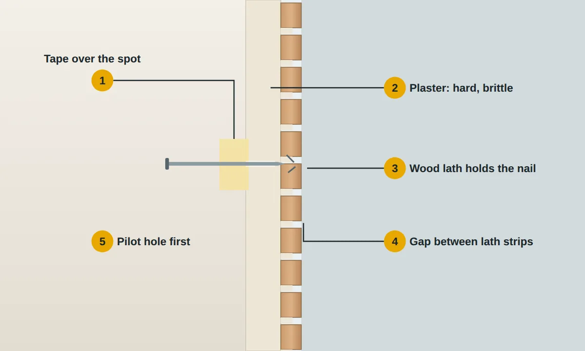 Cut-away of a plaster wall showing plaster, wood lath strips with gaps, painter's tape and a nail through a pilot hole into the lath