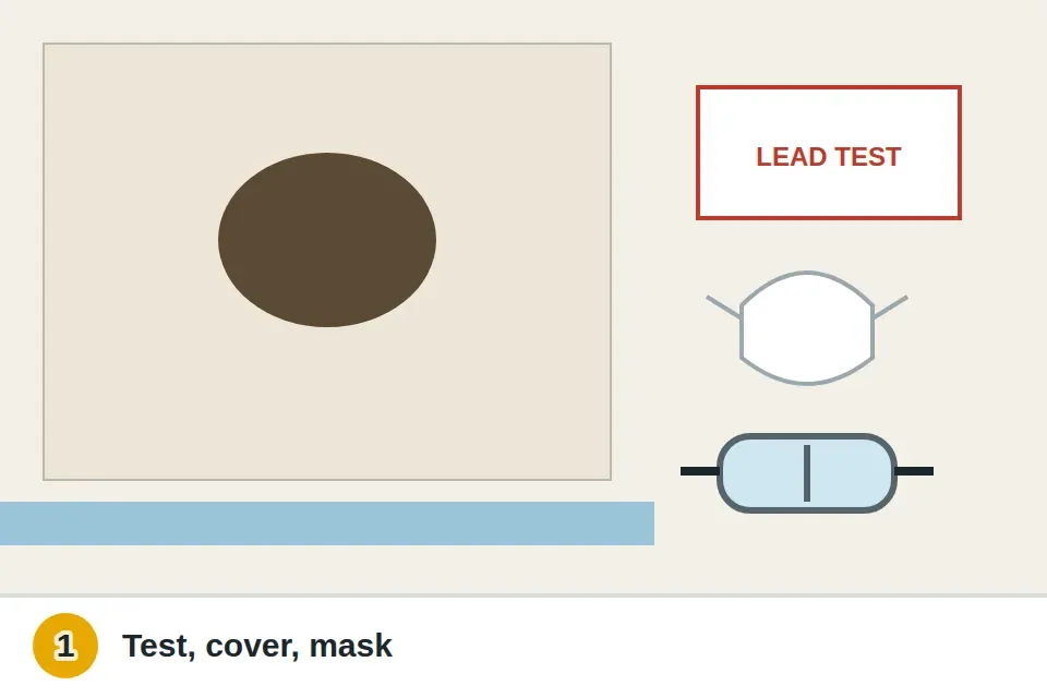 Drop cloth on the floor under a hole in a plaster wall, a lead test kit, a dust mask and safety glasses