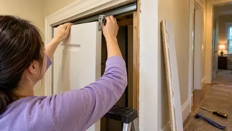 Hooking a pocket door's roller hanger back onto the overhead track with the jamb trim removed
