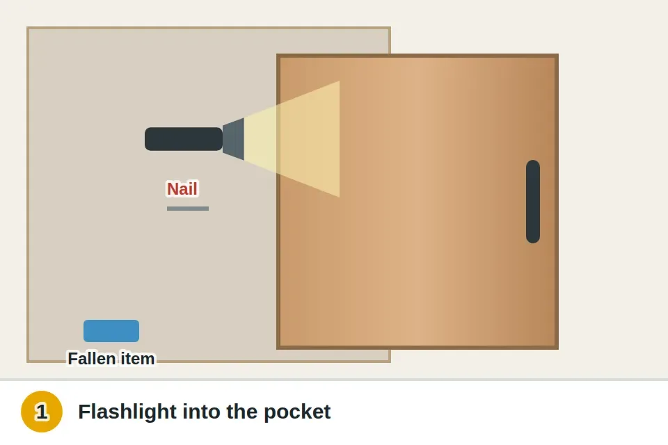 Pocket door slid out as far as it goes with a flashlight shining into the pocket, showing a fallen object at the bottom and a nail point poking through the side
