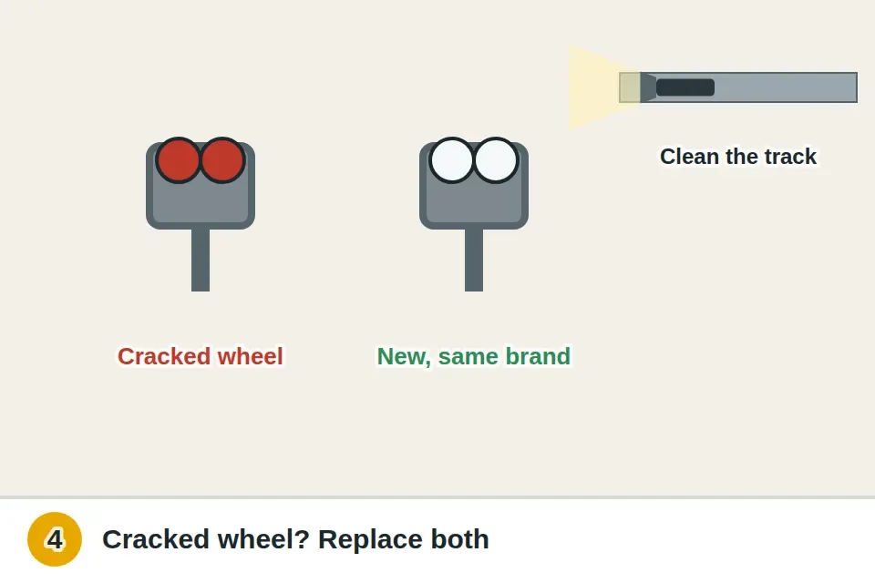 Roller hanger with a cracked wheel next to a new matching hanger, and a flashlight shining along the overhead track to spot debris
