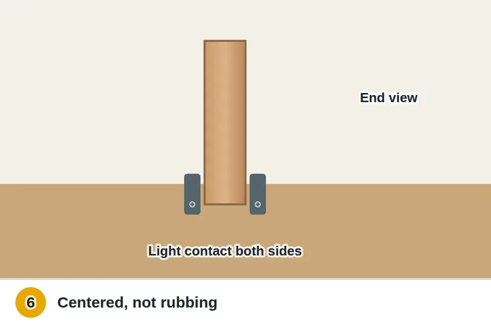 Floor guide at the mouth of the pocket straddling the bottom of the door lightly so it stays centered without rubbing
