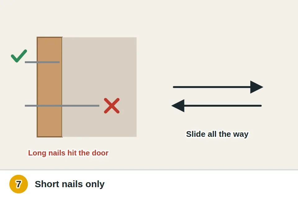 Split jamb trim nailed back with short finish nails that stop short of the pocket, a long nail crossed out, and the door slid fully in and out