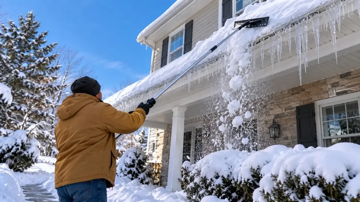 Using a long roof rake from the ground to pull snow off an eave lined with icicles