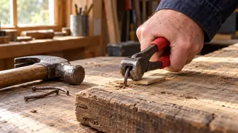 End-cutting pliers gripping a headless nail in an old board and rolling it out over a scrap of wood, with a hammer and bent nails nearby