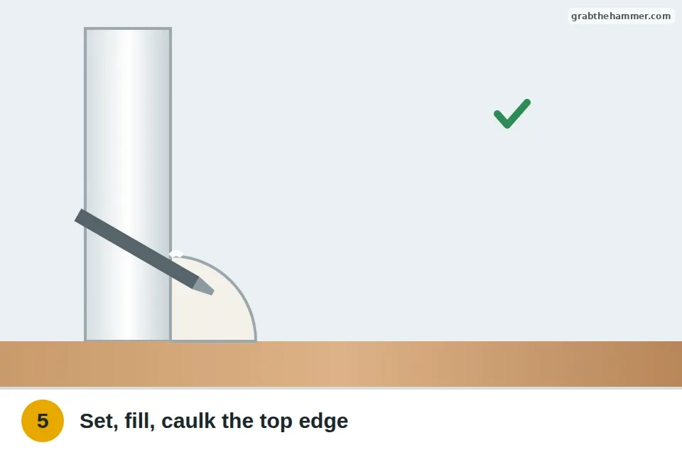 Nail set tapping the head below the surface, then the hole filled and the top edge caulked