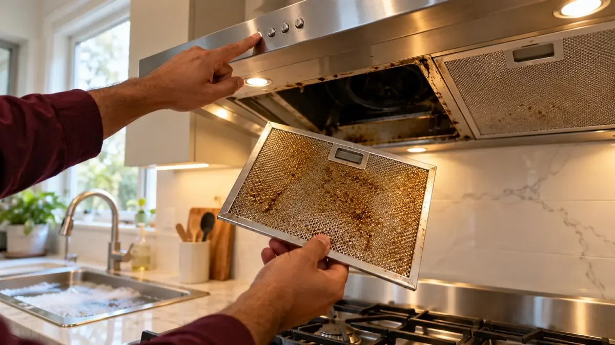 Holding a greasy range hood filter while pressing the hood's control buttons