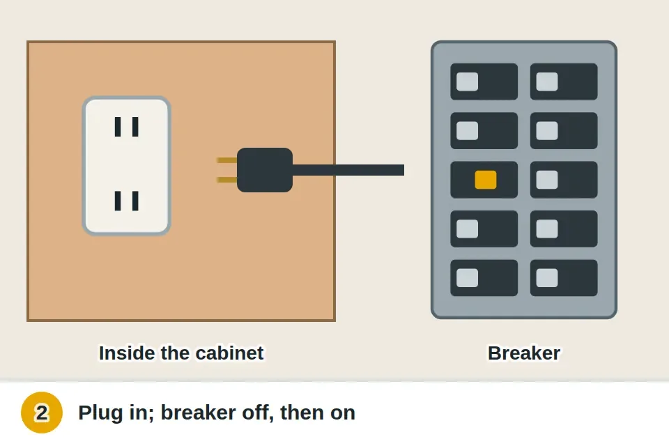 Range hood plug pushed fully into its outlet in the cabinet above, and the hood's breaker reset at the panel