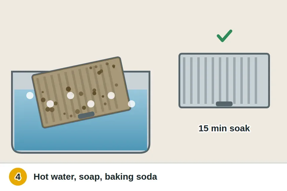 Greasy metal hood filter soaking in a sink of hot soapy water with baking soda, next to a clean filter