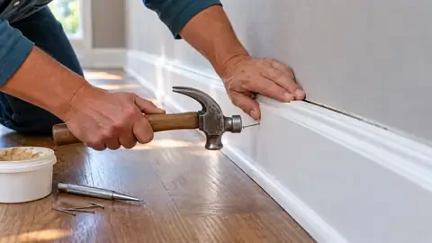 A hammer driving a finish nail into a baseboard while the other hand presses it flat against the wall