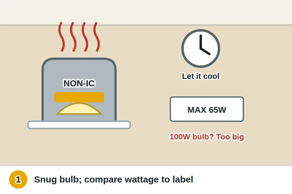 Light turned off and left to cool, the bulb snugged in its socket, and the label inside the housing showing a 65 watt maximum compared with a 100 watt bulb