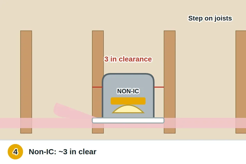Attic view of a non-IC can light with insulation pulled back to leave about three inches of clearance, and a person stepping only on the joists